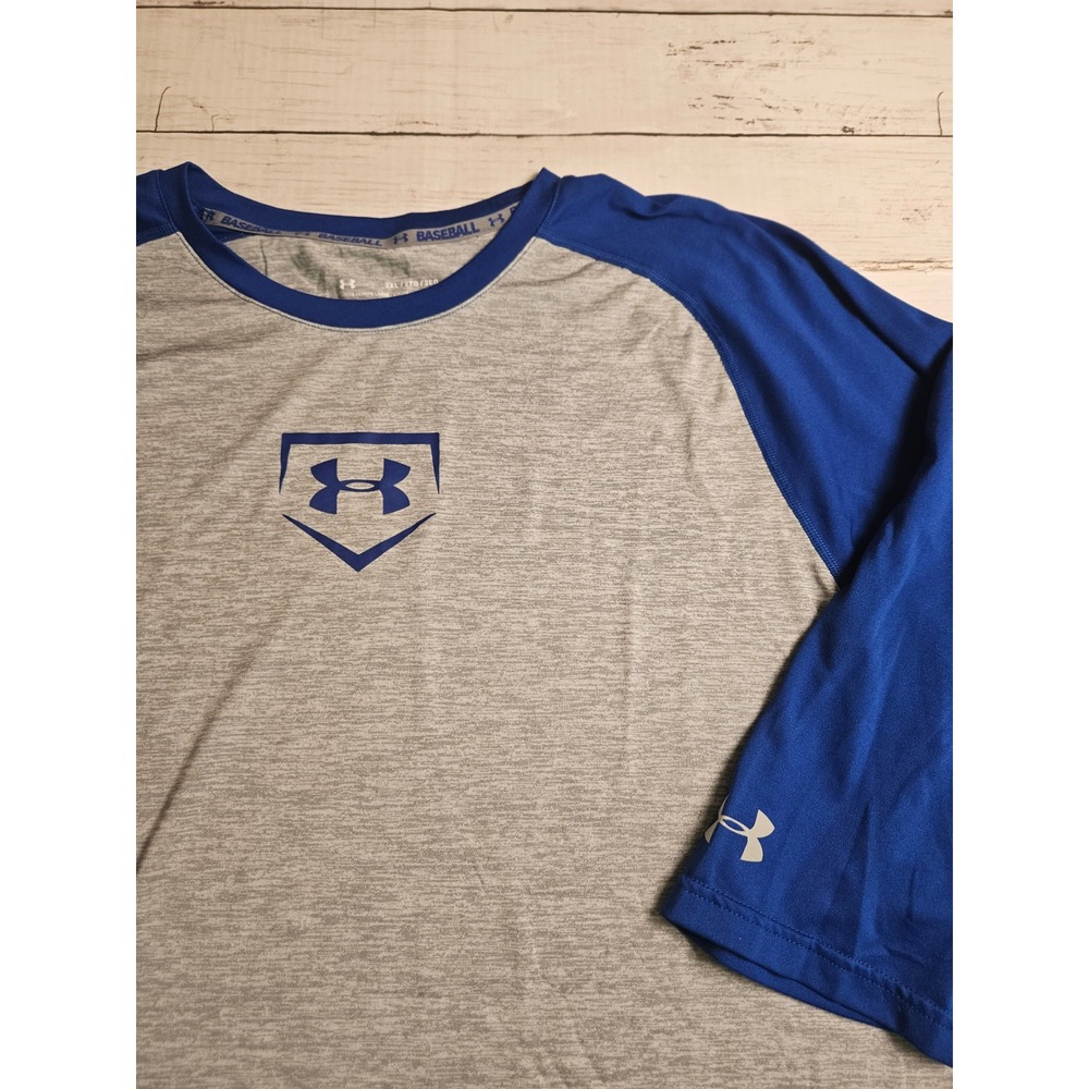 Under Armour Mens 2XL HeatGear Baseball Raglan Shirt Grey Blue 3/4 Sleeve Loose